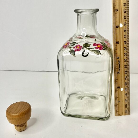 Floral Clear Glass Apothecary Bottle Hand painted Pink Flowers & Green Leaves - Picture 10 of 12